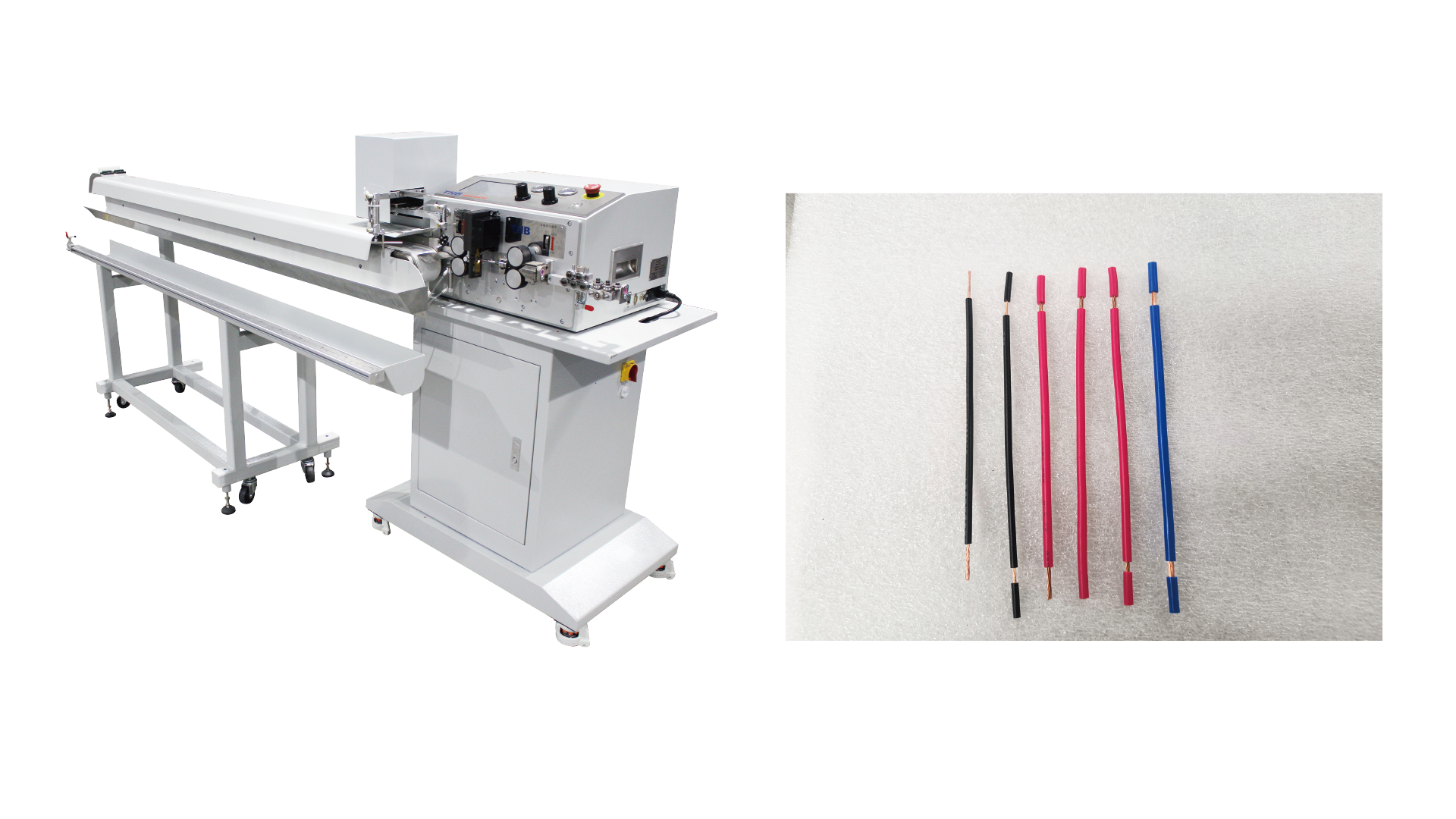 Product characteristics： ● Stability: This machine is controlled by PLC and operated via a touch screen, featuring stable performance and easy operation; The motor drive adopts stepper control, achieving high precision and long service life; ● Autonomous: High-speed stripping, with the stripping length and total length arbitrarily set within the wire cutting range; The speeds of wire feeding, cutting, and stripping can be independently set to achieve the best stripping effect; It has functions such as setting total quantity, counting, and delay; ● Easy to change: Capable of storing processing data for 500 different specifications and types of wire materials; ● Durable: The blade is made of imported material, ensuring long-lasting durability; ● Safety: Equipped with a standard protective cover, ensuring safe production; ● Cleaning: Equipped with a blade air-blowing function; ● Peripheral devices: Equipped with peripheral interfaces, allowing for the integrated control of winding machines and coding machines.