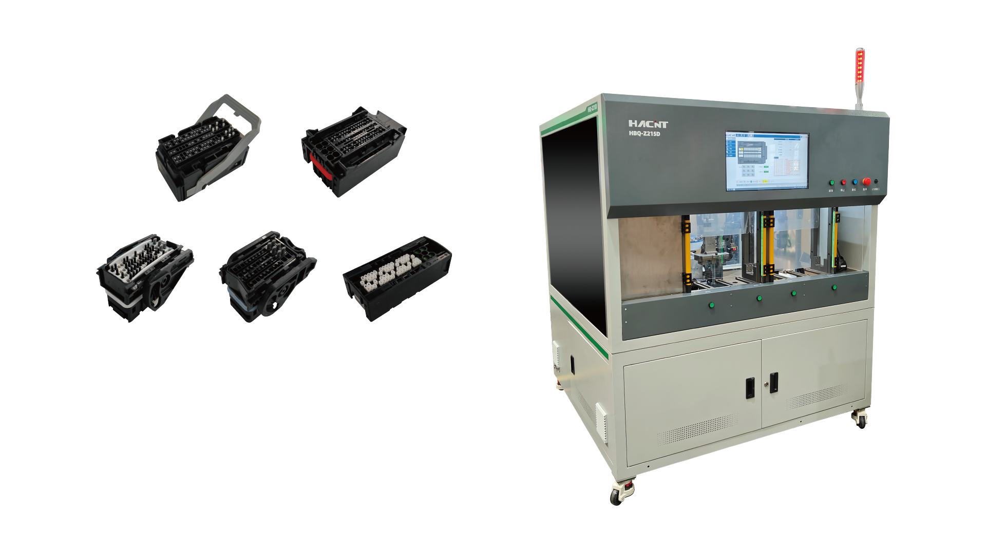 Product characteristics： ●Contouring The process formula is contoured, and coordinate data can be freely edited to quickly establish the process. ●Large Capacity It can accommodate up to 6 sets of carriers for processing at once, with carriers in A/B areas alternate processing; ●High Efficiency Dual three - axis cooperation: while the three - axis A is doing the insertion work, the three - axis B is doing auxiliary work other than insertion. One person can operate multiple machines； ●Compatibility Capable of processing special plugs and irregular plugs, blind seals and plugs can be randomly matched. It can be compatible with a wide variety of types and quantities； ●Safety The lifting safety door isolates the operation area from the processing area, ensuring safety; ●Quick Changeover Modular quick changeover design, tool-free quick changeover; For model change, simply replace the carrier and the pressure plate. The cost of type change is low； ●Carrier Error Prevention The carrier is designed with an error prevention function to prevent the wrong placement of connectors； ●Visual Inspection Pre-inspection of the connectors prevents the situation where processed connectors are not taken out. It can detect missing insertion, excessive insertion, and wrong insertion of the finished blind seals and plugs； ●Automatic Material Discharge Automatically separate and exclude NG and OK materials； ●Intelligent Identification Use RFID for intelligent detection to check whether the quick-change fixture is correctly installed (optional)； ●Intelligent Cart An intelligent carrier cart is used to store carriers and shaping fixtures, and it can be opened by scanning a code (optional)； ●Convenient Operation With a user-friendly human-machine interface and intuitive graphic display, it improves visibility and operability；